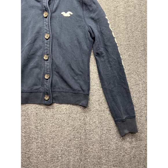 Hollister Hoodie Women Medium Navy Blue Button Front Logo Sleeve Sweatshirt - Picture 3 of 16